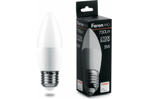 Лампа светодиодная Feron.PRO свеча C37 E27 9W(790lm) 2700K 2K матовый 114x37 OSRAM LB-1309