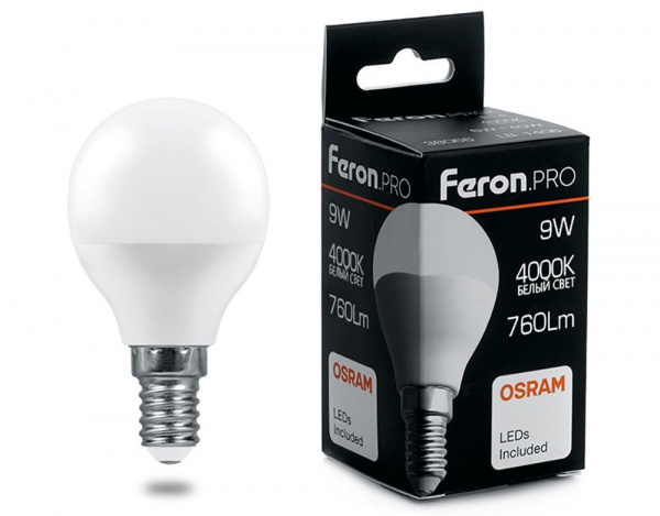 Лампа светодиодная Feron.PRO шар G45 E14 9W(760lm) 4000K 4K матовый  92x45 OSRAM LED LB-1409