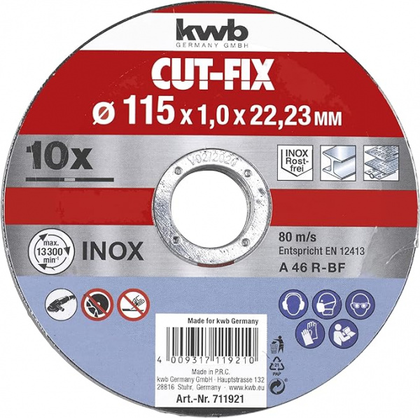 Диск отрезной kwb 115х1х22,2мм по металлу,10 шт