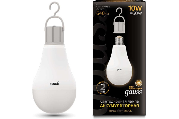 Лампа светодиодная Gauss A60 10W E27 640lm 3000K с Li-Ion аккумулятором 102402100
