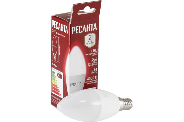 Лампа светодиодная Ресанта LL-R-C37-7W-230-4K-E14 (свеча, 7Вт, нейтр., Е14)