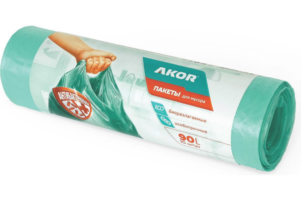 Пакет для мусора Акор 90л, 16мк, 10шт, ПНД, рулон, бирюза, антитабак+био 205-106/эн