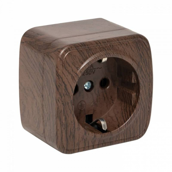Розетка 1ОП EKF Минск, темное дерево, ДУБ 16А с з/к EGR16-028-40