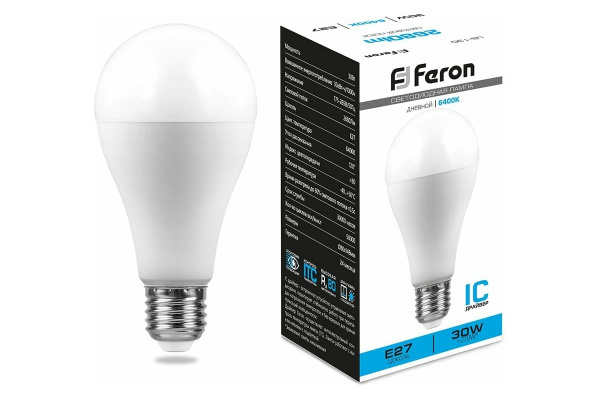 Лампа светодиодная Feron ЛОН А80 E27 30W(2680lm) 6400K 6K 148x80 матовая LB-130