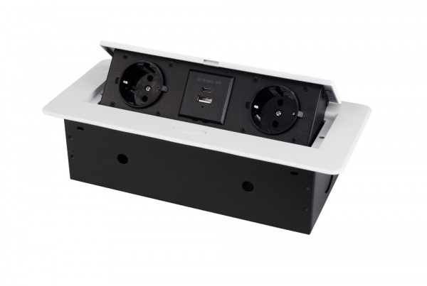 Розетка горизонтальная выдвижная 2 Euro 16A, USB type A+C с блоком 18W RocketSocket, проводка, цвет белый