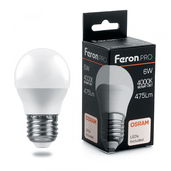 Лампа светодиодная Feron.PRO шар G45 E27 6W(475lm) 4000K 4K матовый 81x48 OSRAM LED LB-1406