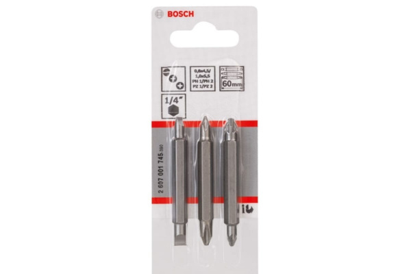 Биты двухстороннии Bosch 3 шт. (PH1, PH2, PZ1, PZ2, S 0,6x4,5; S 1x5,5) 60 мм 2607001745 Bosch