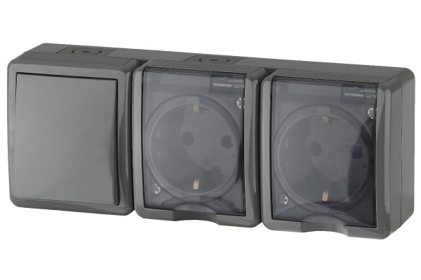 Блок Серый Розетка 2П c/з 16А + Выключатель 1кл IP54 ОУ Эра Эксперт