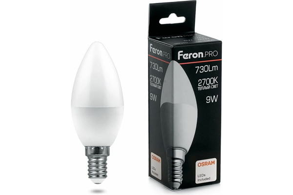 Лампа светодиодная Feron.PRO свеча C37 E14 9W(730lm) 2700K 2K матовый 100x37 OSRAMLB-1309 