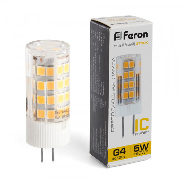 Лампа светодиодная Feron G4 230V 5W(460lm) 2700K 2K 45x16 прозрачная LB-432