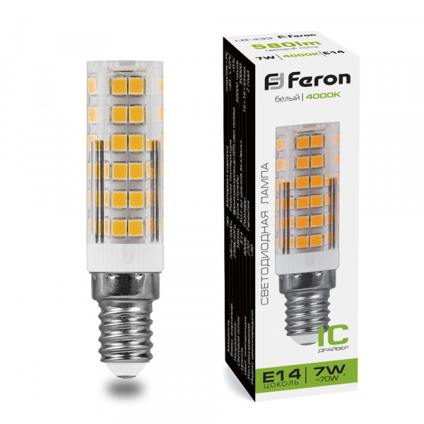 Лампа светодиодная Feron JCD Е14 230V 7W(580lm) 4000К 4К прозрачная 65x16 LB-433 кукуруза 25899