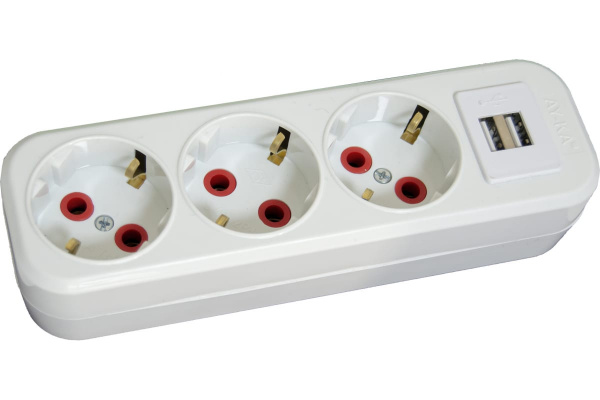 Колодка роз. 3 гн.16А з/к 250В с USB, белый AY-KA (Турция) 7730200