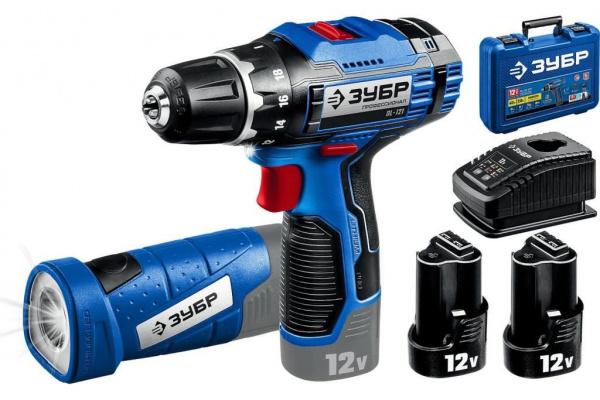 Дрель-шуруповерт ЗУБР Профессионал 12В + LED фонарь, 2 АКБ (2Ач), в кейсе