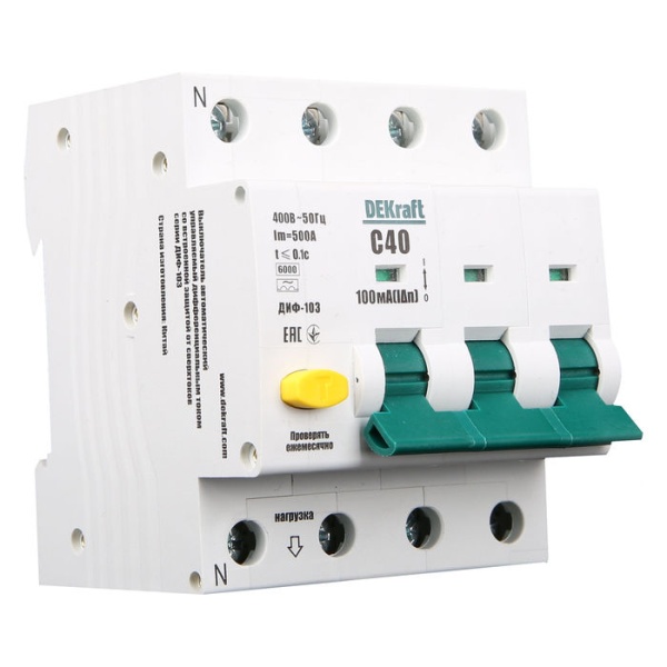 Автоматический выключатель дифференциального тока 3Р+N 40А 100mA тип С ДИФ-103 Dekraft