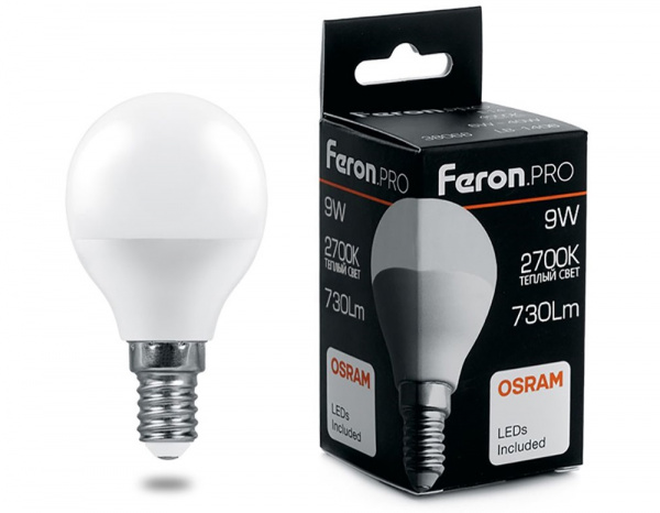 Лампа светодиодная Feron.PRO шар G45 E14 9W(730lm) 2700K 2K матовый  92x45 OSRAM LB-1409