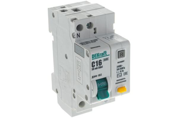 Автоматический выключатель дифференциального тока 1Р+N 16А 30mA тип С ДИФ-102 Dekraft