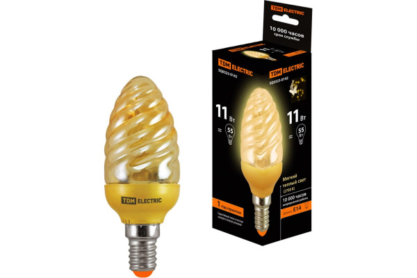 Лампа энергосберегающая TDM КЛЛ-СGT-11 Вт-2700 К–Е14 золотая витая свеча, mini