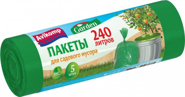 Мешки для садового мусора Garden 240л, 43мкм, 5 штук, зеленые, рулон 5309 Avikomp