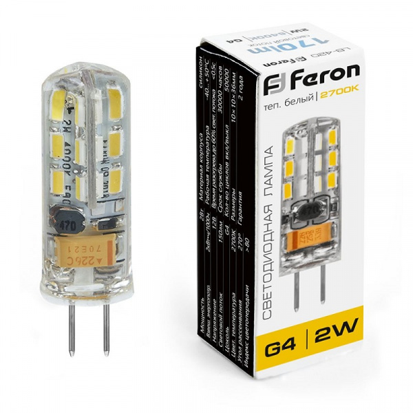 Лампа светодиодная Feron G4 12V 2W(140lm) 2700K 2K прозрачная 36x10, LB-420