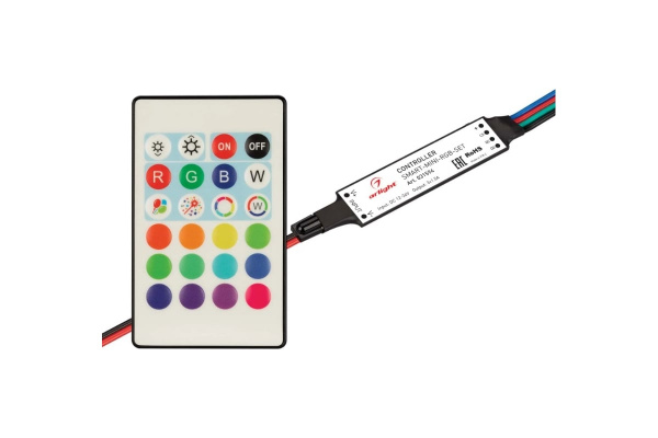 Контроллер SMART-MINI-RGB-SET (12-24V, 3x1.5A, ПДУ 24кн, IR) IP20 Пластик, 5 лет, Arlight