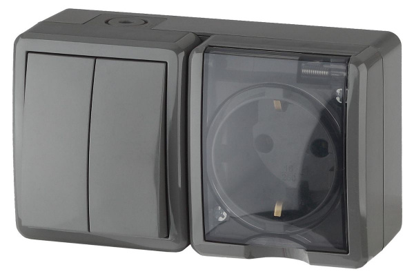 Блок Серый Розетка 1П c/з 16А + Выключатель 2кл IP54 ОУ Эра Эксперт