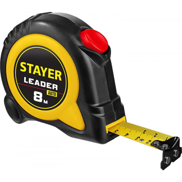 Рулетка 8м х 25мм с автостопом в ударостойком обрезиненном корпусе STAYER LEADER