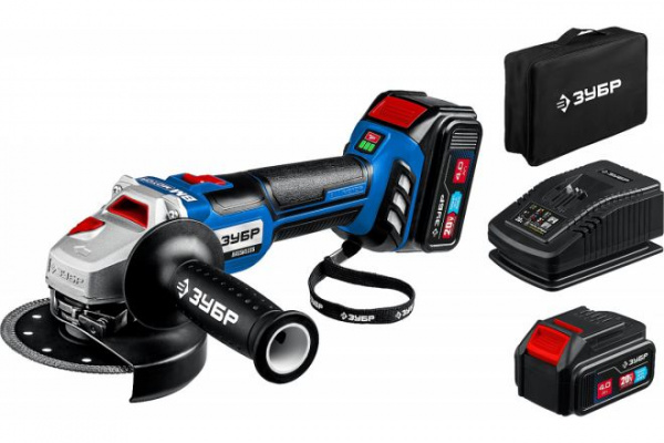 Углошлифовальная машина ЗУБР Профессионал 20В бесщеточная, 2 АКБ (4Ач), в сумке, AB-125-42