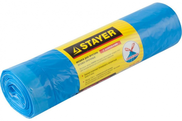 Мешки для мусора STAYER "Comfort" с завязками, особопрочные, голубые, 120л, 10шт