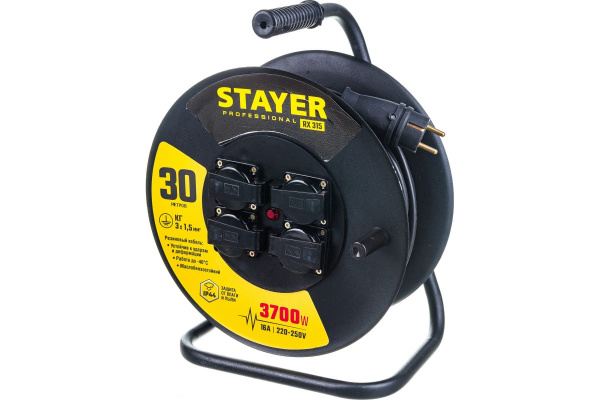 Силовой удлинитель на стальной катушке STAYER RX-315 КГ 3х1.5 30м 3700Вт IP44 (55077-30)