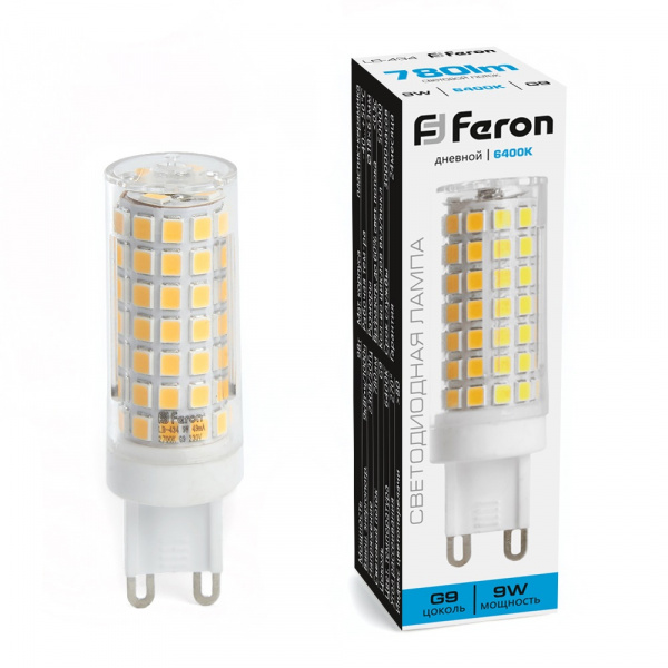 Лампа светодиодная Feron G9 230V 9W(780lm) 6400K 6K JCD 63x18 прозрач. LB-434