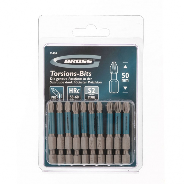 Набор бит торсионных PH3x50 мм, для ударных шуруповертов, 10 шт.// Gross