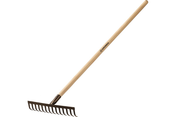 Грабли садовые GRINDA GT-14 WOOD, 360х80х1300 мм, 14 прямых зубцов, углерод. сталь, антикор. покрытие, деревянный черенок