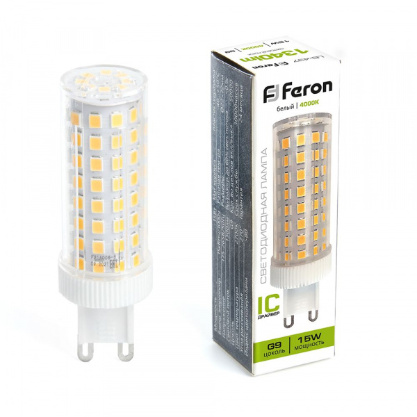 Лампа светодиодная Feron G9 230V 15W(1340lm) 4000K 4K JCD 72x22 прозрачная LB-437