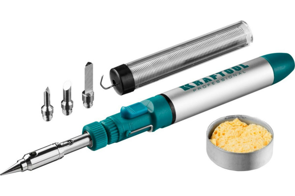 Газовый паяльник KRAFTOOL SolderGas 70B 30-70Вт 1300°С горелка, фен, набор 8-в-1, (55504-H8)