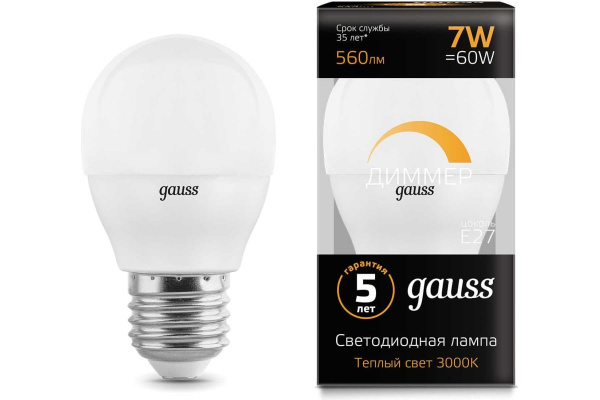 Лампа светодиодная Gauss Шар 7W 560lm 3000К Е27 диммируемая