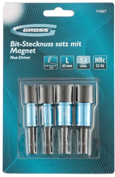 Набор бит с торцевыми головками 8, 10, 12, 13 мм, магнит, Nut-Driver S2// Gross