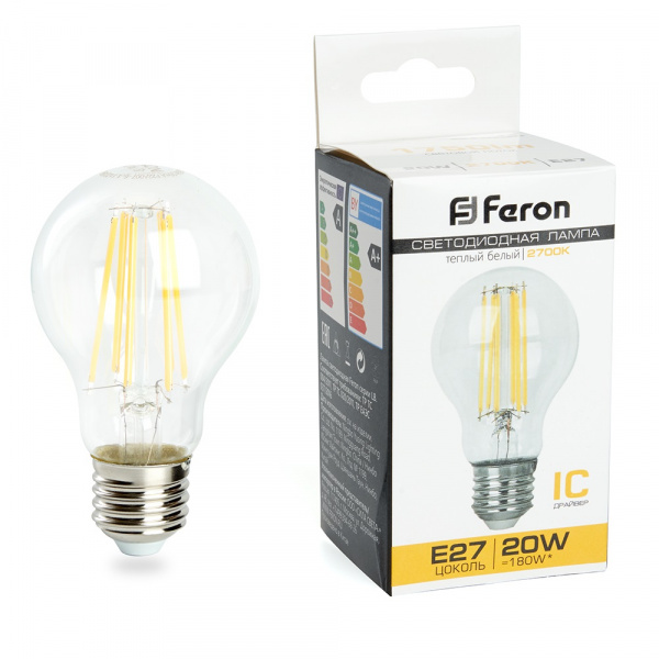 Лампа светодиодная Feron филамент ЛОН A60 E27 20W(1750lm) 2700K 2K (нитевидная) прозрачная 107x60 LB-620 38245