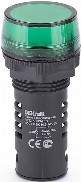 Лампа зеленая LED коммутаторная ADDS D=22мм 220В AC/DC DEKraft ЛK-22