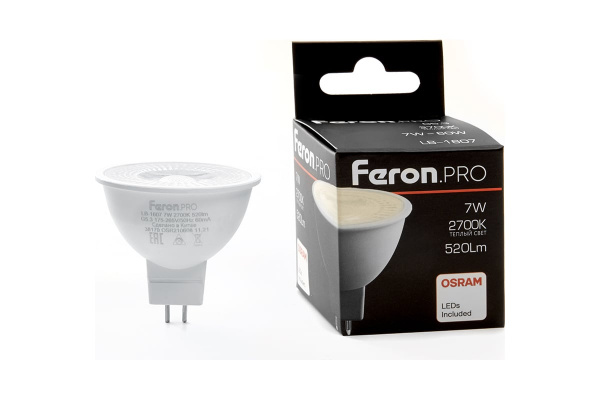 Лампа светодиодная MR16 GU5.3 7W(520Lm) 2700K 2K матовый с линзой 110гр. 52x50 Feron.PRO /OSRAM LB-1607