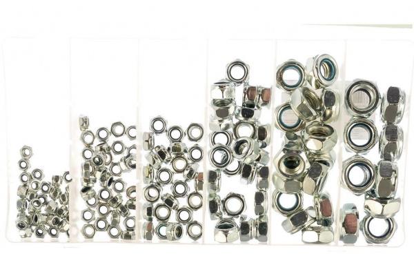 Набор гаек М4/М5/М6/М8/М10/М12 самоконтрящиеся с нейлоновой вставкой 146шт Сибртех