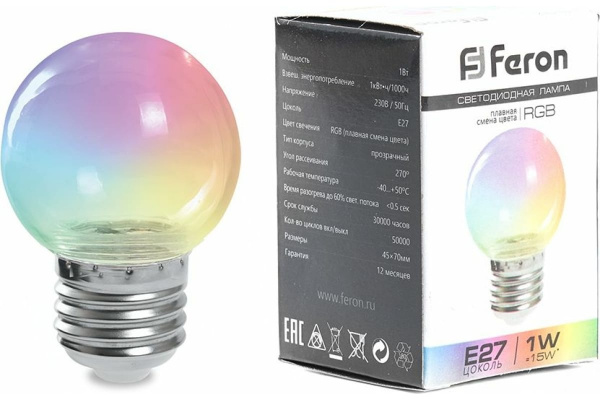 Лампа светодиодная G60 Шар прозрачный E27 3W RGB LB-371 быстр. смена цвета Feron