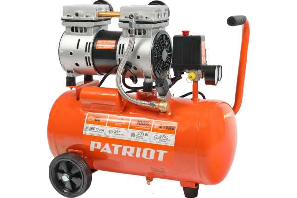 Компрессор Patriot поршневой безмасляный WO 24-260S, 260 л/мин, 8 бар, 1500 Вт, 24 л, быстросъемный 1/4"