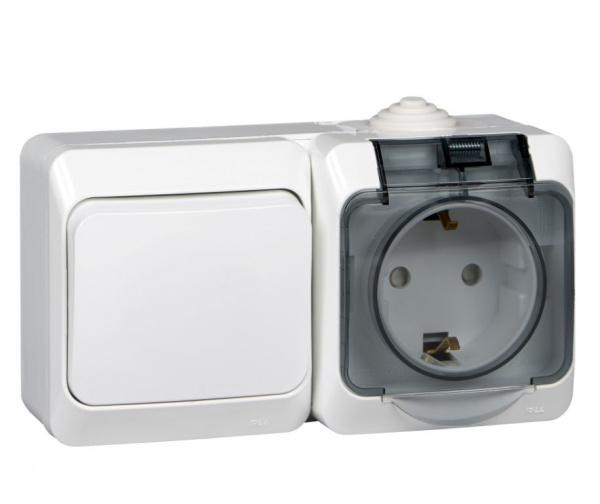 Блок Белый Розетка 1П c/з со шторками 16А + Выключатель 1кл IP44 ОУ Этюд SE