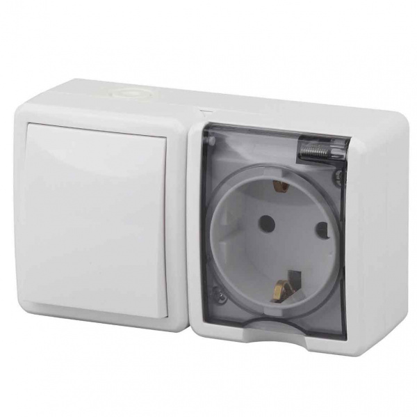 Блок Белый Розетка 1П c/з 16А + Выключатель 1кл IP54 ОУ Эра Эксперт