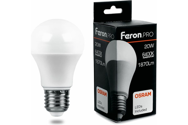 Лампа светодиодная Feron.PRO ЛОН A65 E27 20W(1870lm) 6400K 6K матовый 134x65 OSRAM LB-1020