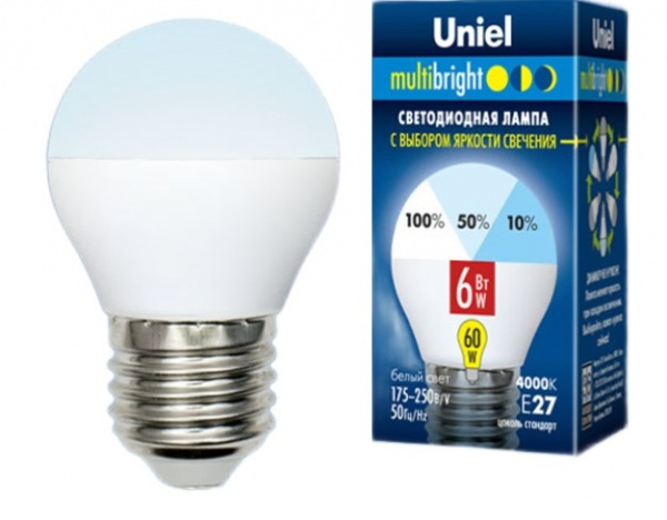 Лампа светодиодная Uniel матовая форма шар, серия Multibright LED-G45-6W-WW / NW-E27-FR-MB PLM11WH