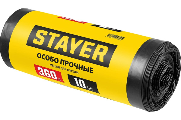 Строительные мусорные мешки STAYER HEAVY DUTY, 360 л, 10 шт, черные, особопрочные (39157-360)