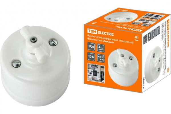 Выключатель Белый фарфор поворотный с ручкой ОУ TDM