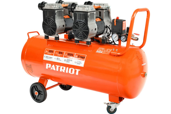Компрессор Patriot поршневой безмасляный WO 80-360, 360 л/мин, 8 бар, 2200 Вт, 80 л, быстросъем и "елочка" с вентилем