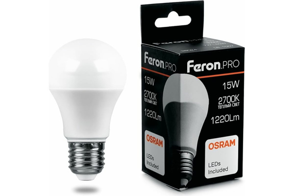 Лампа светодиодная Feron.PRO ЛОН A60 E27 15W(1220lm) 2700K 2K матовый 125x60 OSRAM LB-1015